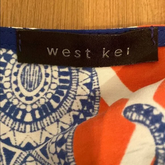 West Kei Orange and Blue Resort Wear Sundress with 3/4 Bishop Sleeves - Picture 9 of 10